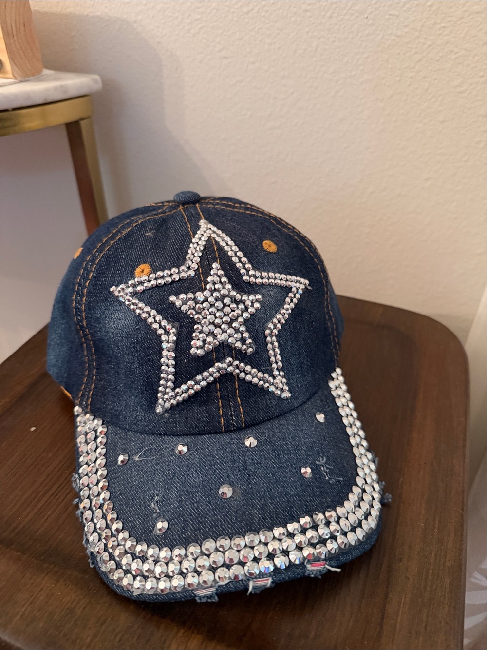 Denim Distressed Cap with Rhinestone Star